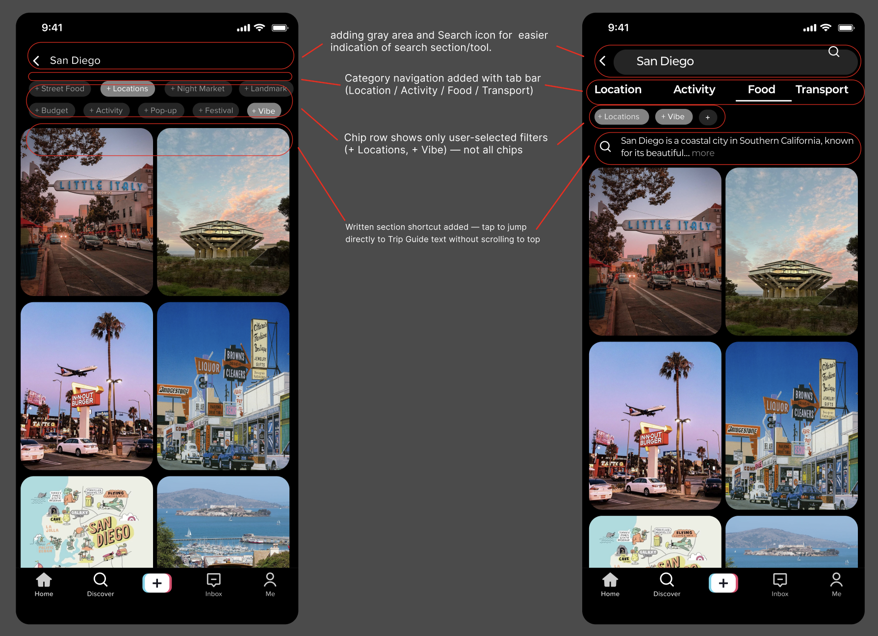 Before and after comparison of the San Diego filtered video grid — M6 original vs M7 revised