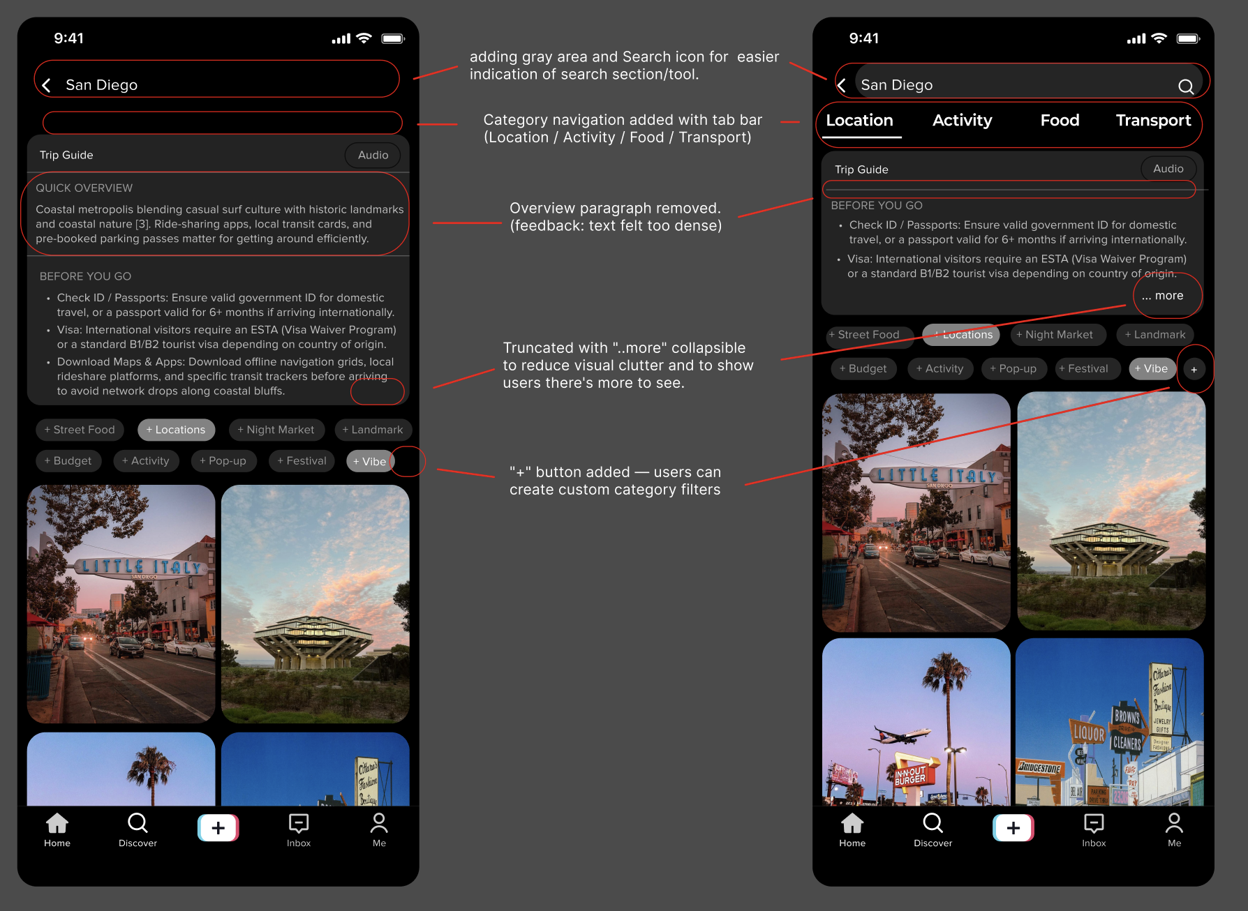 Before and after comparison of the San Diego Trip Guide page — M6 original vs M7 revised