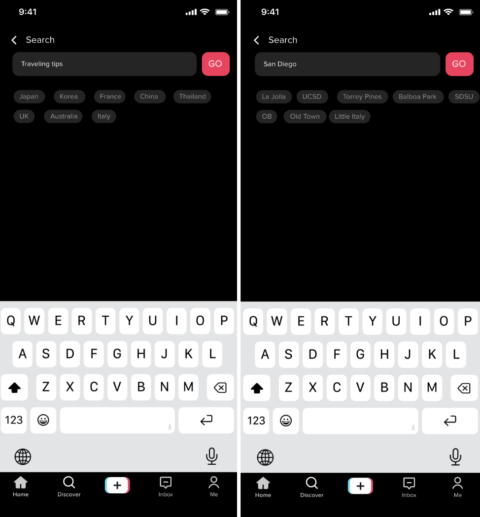 Screen 2: Search with country tags and San Diego neighbourhood chips