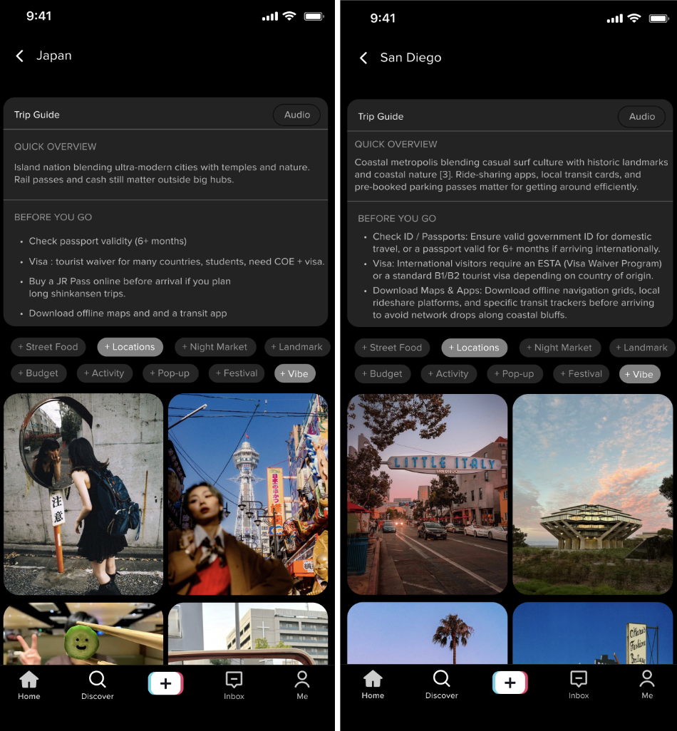 Screen 3: Trip Guide — Quick Overview text, Before You Go notes, category chips, video grid