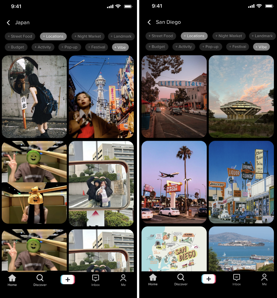 Screen 4: Filtered content grid for Japan and San Diego