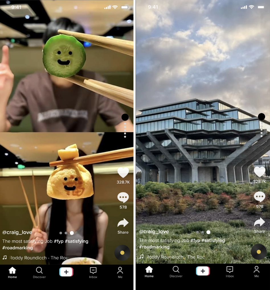 Screen 5: Full-screen video playback — Japan food content and San Diego Geisel Library